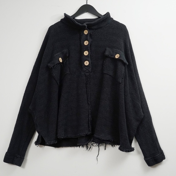 Free People Rowan Pullover Henley Pockets Black Oversized M FP beach - Picture 1 of 9